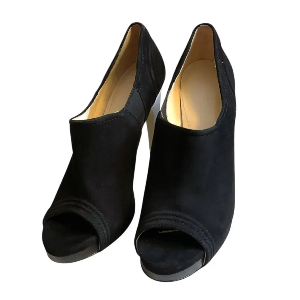 CALVIN KLEIN HIGH HEEL SHOES Women's SZ 8.5M Black Suede Leather Peep Toe Padded